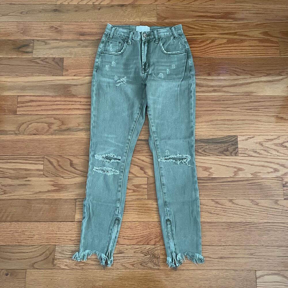 One Teaspoon Freebird High Waist Skinny Jeans 25 Green Rigid Distressed Grunge